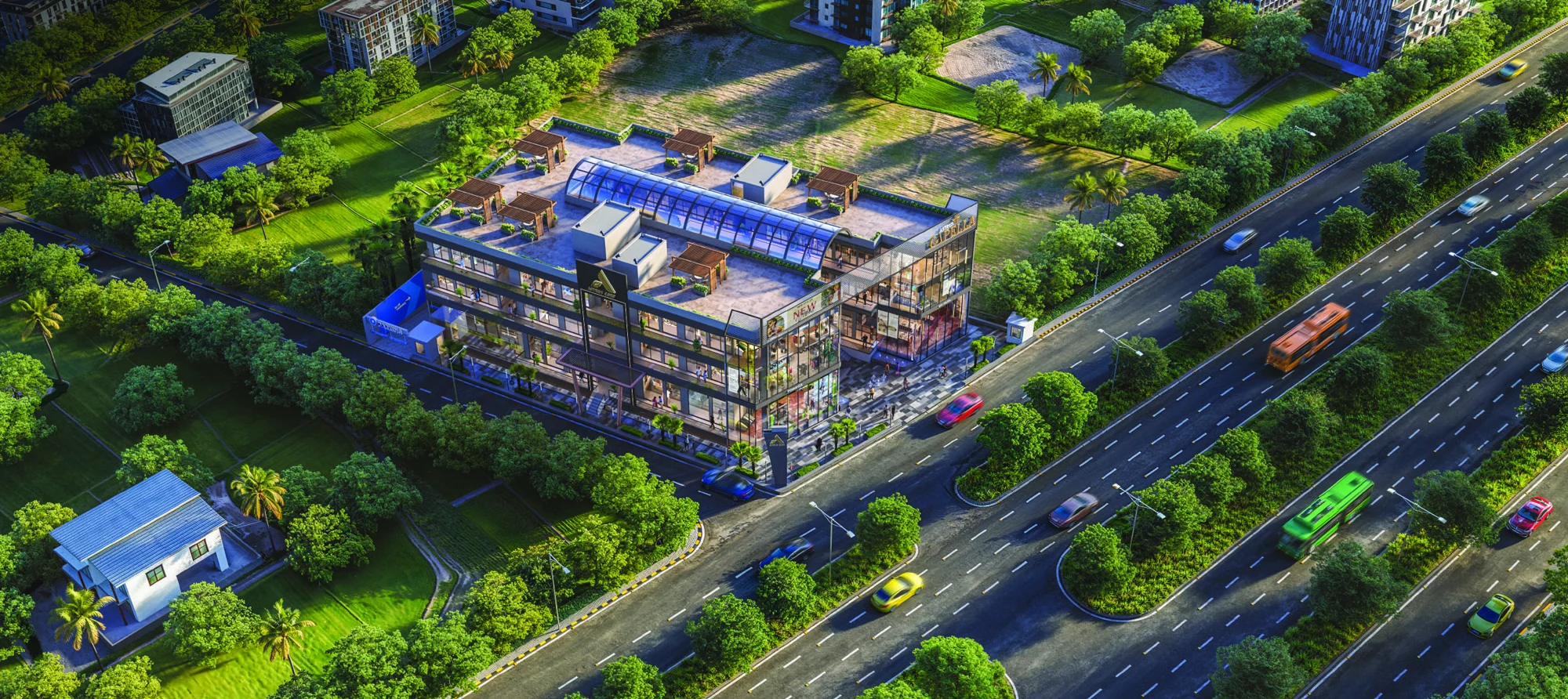 Aerial artist's impression of Astrus Capella and its surrounding road network
